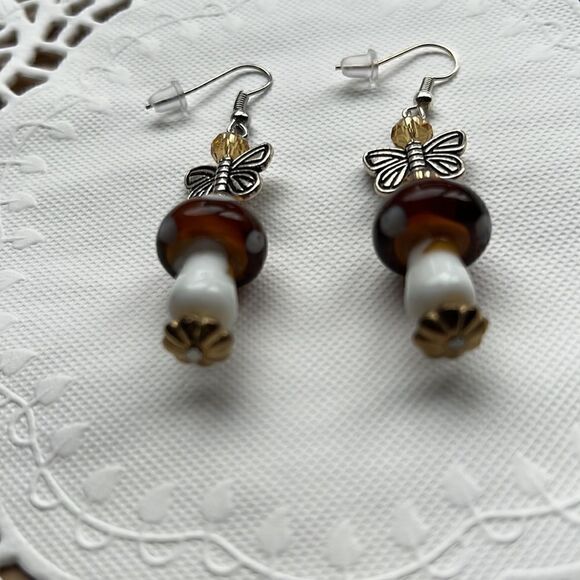 Butterfly Mushroom Earrings, Cottagecore, Dangle, Glass, Gold, Silver - Picture 7 of 11